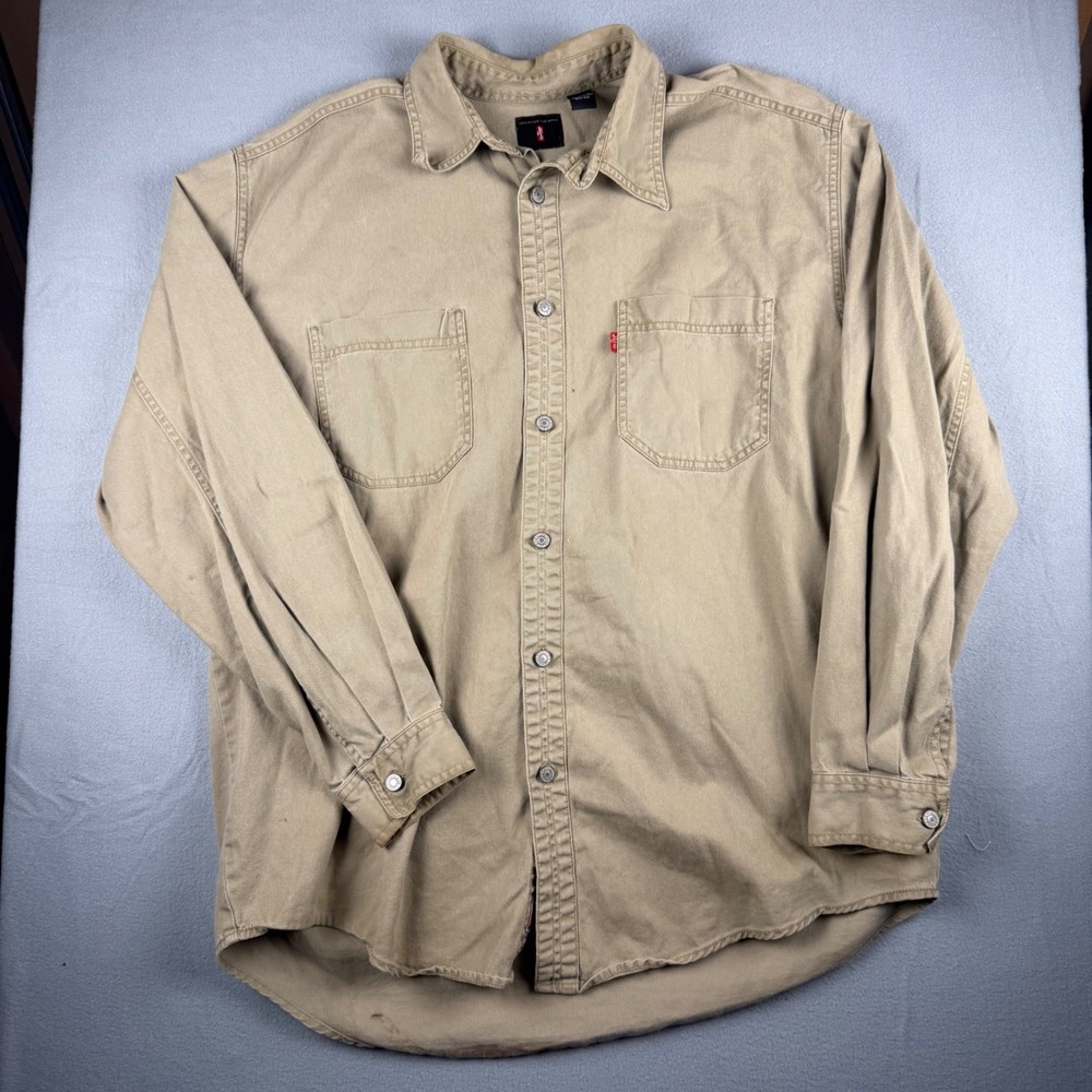 Vintage Levis Red Tab Mens Large Khaki Tan Cotton Twill Button Down Work Shirt